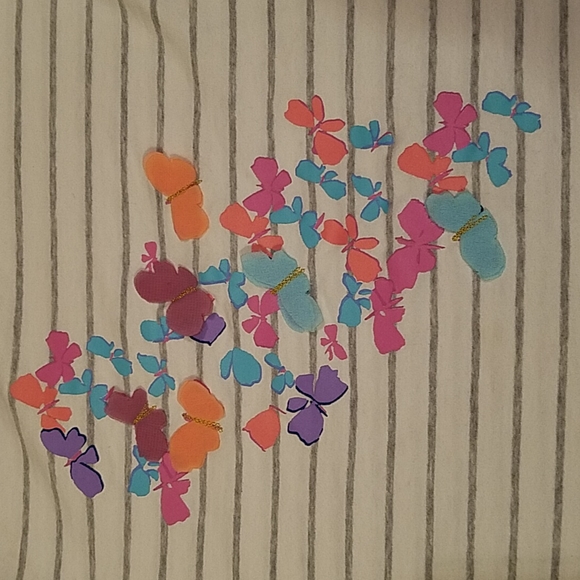 GarnetHill Kids L green cotton white w/gray stripe long sleeved tee butterflies - Picture 2 of 3